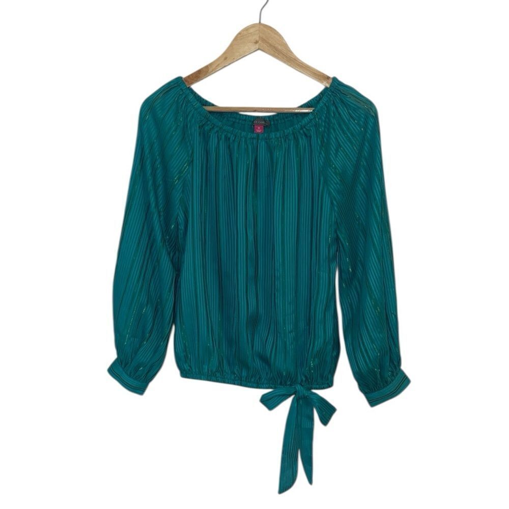 Vince Camuto Teal Blouse with Tie Accent, metallic thread, X-Small